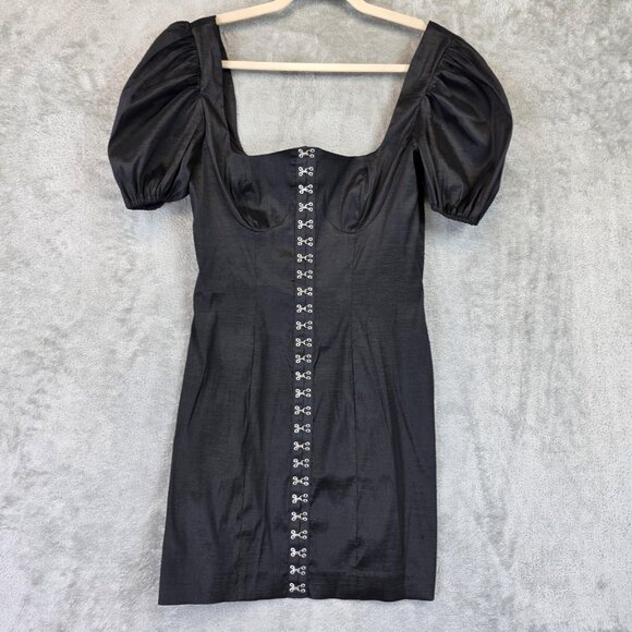 LPA Dress Womens Medium Black Puff Sleeve Square Neck Corset Hook Eye Mini Boned - Picture 1 of 12